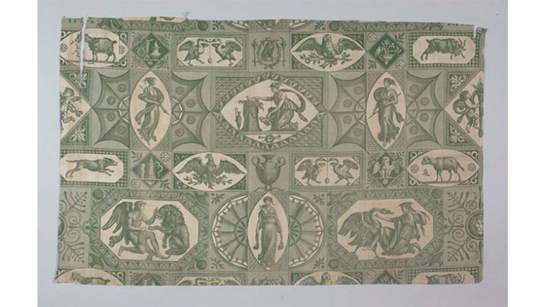 Textile with lilacs. Oberkampf. Jouy-en-Josas, France. late 18th century. Woodblock printed cotton tabby. 934.4.207 Harry Wearne Collection, Gift of Mrs. Harry Wearne.