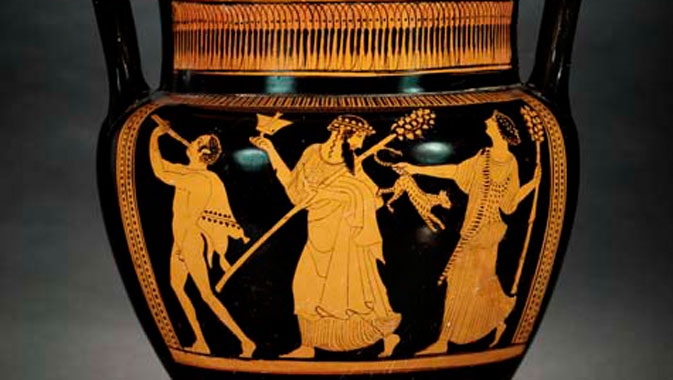 Striking red-figure and black-figure ware, decorated with scenes of gods, myths and Greek daily life, were used as everyday tableware.