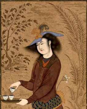 Riza ʿAbbasi, “Kneeling youth offering coffee.” Tehran, Golestan Palace Library, Ms. 1668 (Muraqqaʿ-i Gulistan or Gulshan), fol. 37.