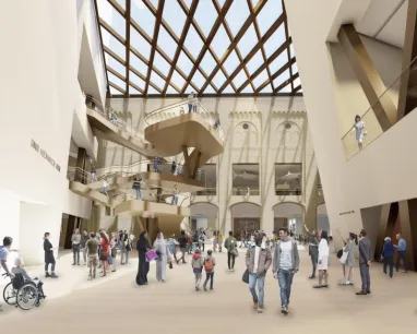 Interior rendering of a museum showcasing exhibits, lighting, and architectural details.